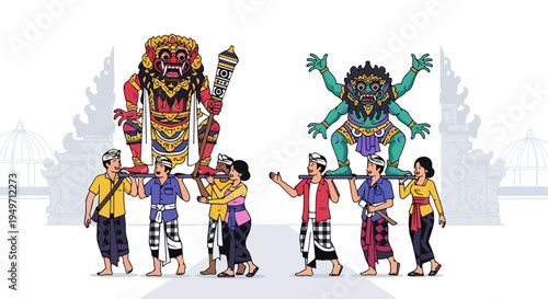 Balinese People Carrying Large Ogoh-Ogoh Statues in a Traditional Parade for the Nyepi Celebration in Bali, Indonesia Vector Illustration
