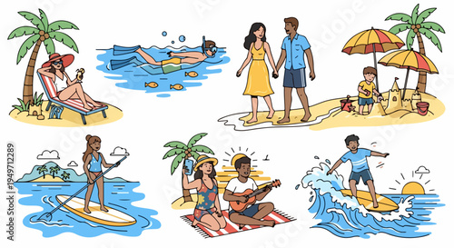 Collection of flat hand-drawn illustrations showing diverse people enjoying various summer beach activities like surfing, snorkeling, sunbathing, and building sandcastles.