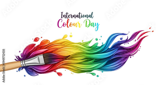 Vibrant paint splash in rainbow colors from a brush, celebrating International Colour Day with a creative color concept on a white background.