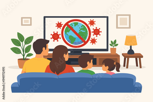 Family watching TV news about global pandemic and coronavirus prevention at home. Flat vector illustration of parents and children sitting on a sofa during lockdown for health and safety.