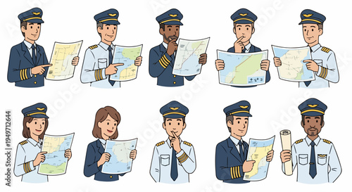 Illustration collection of diverse male and female airline pilots in uniform looking at navigation maps and flight plans, isolated on white background.