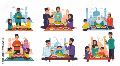 Collection of illustrations showing Muslim families sharing Iftar meals together during the holy month of Ramadan, set against mosque silhouettes.