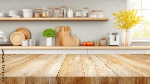 blurred Modern kitchen interior with table and stylish wooden accents