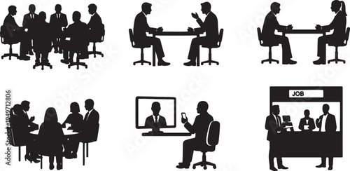 Konstfotografi Black Solid Interview Scenarios Silhouettes Set of Six on White Background