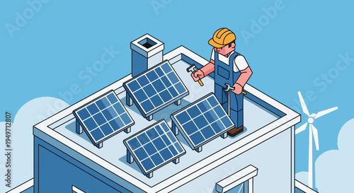 Professional technician installing modern solar panels on a residential rooftop, harnessing clean renewable energy for a sustainable future. Isometric illustration of green technology.
