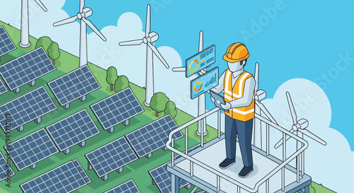 Engineer monitoring a renewable energy farm with solar panels and wind turbines. Isometric illustration of sustainable power generation and green technology management.