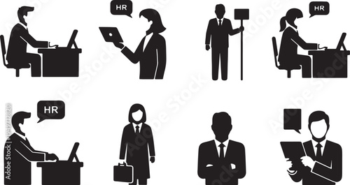 Black Solid HR Interview Types Silhouettes Set of Six on White Background
