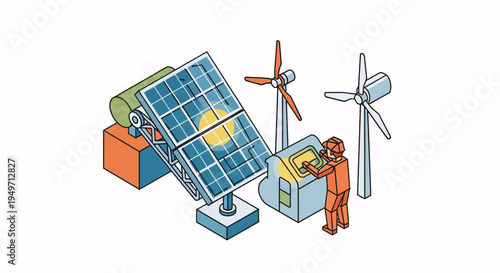 Isometric illustration of an engineer managing sustainable energy sources like solar panels and wind turbines, symbolizing green technology and clean power.