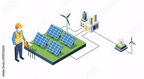 Isometric illustration of an engineer managing a renewable energy system with solar panels and wind turbines, generating clean electricity for a factory. Sustainable power.
