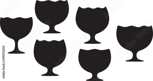 Black Solid Irregular Rim Wine Glasses Silhouettes Set of Six on White Background