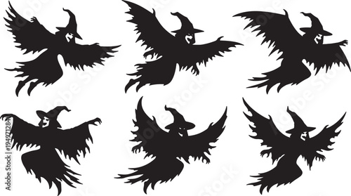 Black Solid Jagged Cloak Witch Silhouettes Set of Six on White Background