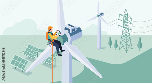 Technician maintaining a wind turbine with solar panels and power lines in the background, representing renewable energy and sustainability.