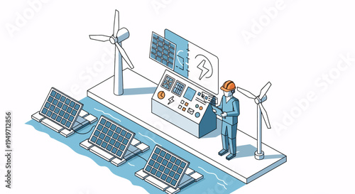 Floating solar panels and wind turbines connected to a control station with an engineer overseeing renewable energy production