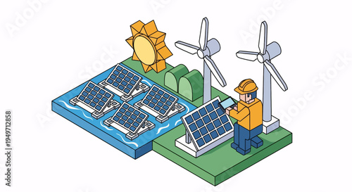 Renewable energy concept with floating solar panels, wind turbines and a technician checking solar panels