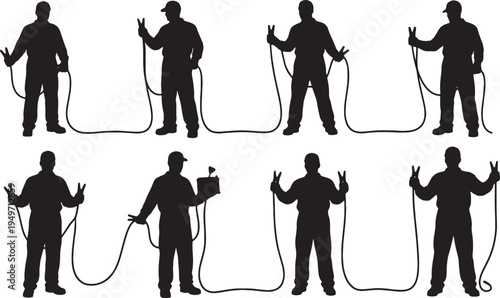 Black Solid Mechanic Jumper Cables Silhouettes Set of Six on White Background