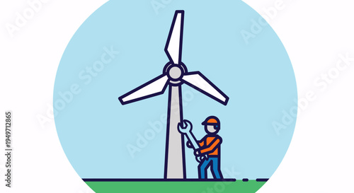 Mechanic maintaining a wind turbine, representing renewable energy and sustainable industry with a focus on green technology and environmental solutions.