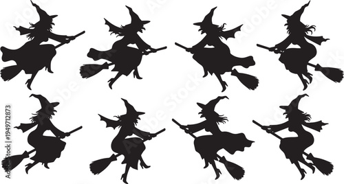 Black Solid Joyous Aerial Dance Witch Silhouettes Set of Six on White Background