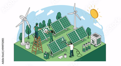 Renewable energy installation: workers setting up solar panels and wind turbines for sustainable power generation in a green landscape.