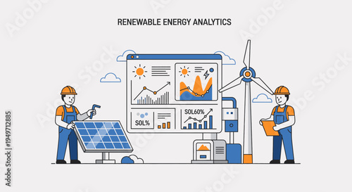 Renewable energy analytics with solar panels and wind turbine, showing data charts and engineers working.