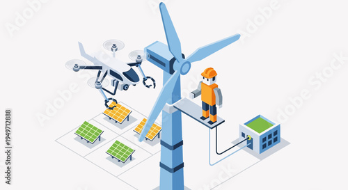 Modern renewable energy technology: Drone inspecting wind turbine, solar panels, and smart grid system