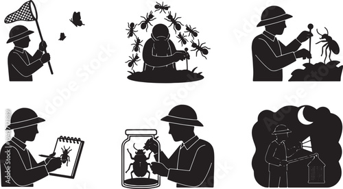 Black Solid Jungle Entomologist and Insect Collector Silhouettes