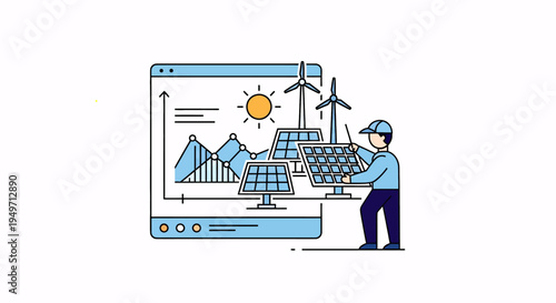 Renewable energy concept: technician installing solar panels and wind turbines with data analysis dashboard