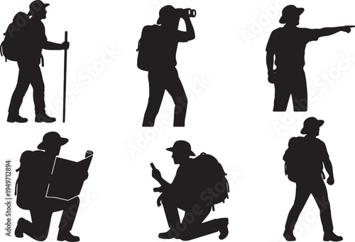Black Solid Jungle Explorer Pose Silhouettes Set of Six on White Background