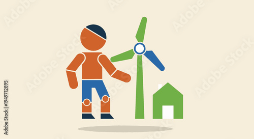 Stylized illustration of a person next to a wind turbine and a house, symbolizing renewable energy and sustainable living.