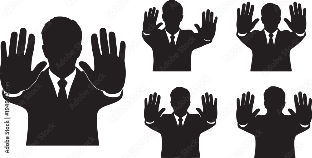 Fototapeta premium Black Solid Leader Raising Hands Surrender Silhouettes Set of Six on White Background
