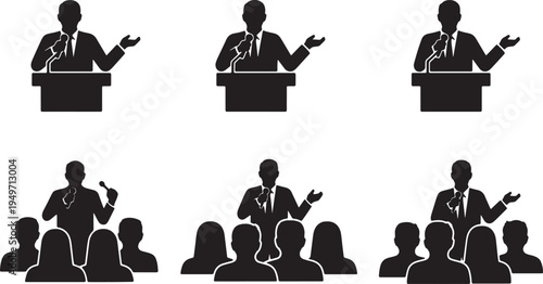 Black Solid Leader Holding Microphone Silhouettes Set of Six on White Background