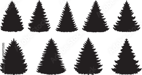 Black Solid Layered Spruce Tree Silhouettes Set of Six on White Background
