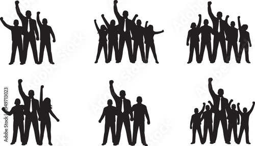 Black Solid Leader Raising Fist Triumph Silhouettes Set of Six on White Background