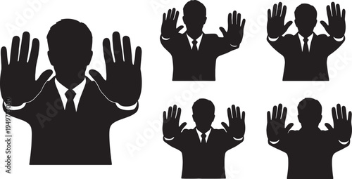 Black Solid Leader Raising Hands Surrender Silhouettes Set of Six on White Background