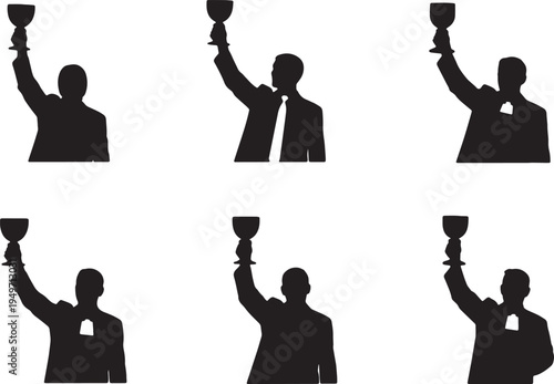 Black Solid Leader Raising Glass Toast Silhouettes Set of Six on White Background