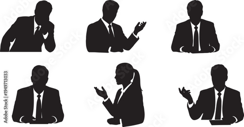 Black Solid Leadership Potential Demonstration Silhouettes Set of Six on White Background