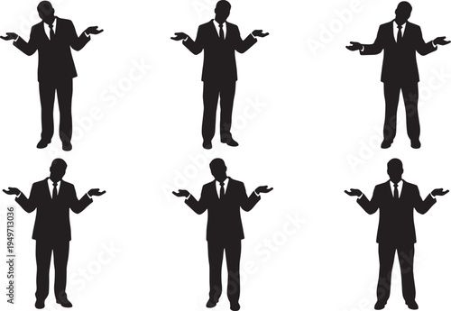 Black Solid Leader Shrugging Shoulders Silhouettes Set of Six on White Background