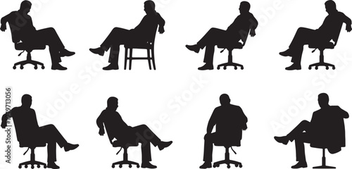 Black Solid Leader Sitting Chair Backwards Silhouettes Set of Six on White Background