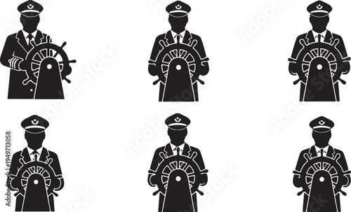 Black Solid Leader Steering Ship Wheel Silhouettes Set of Six on White Background