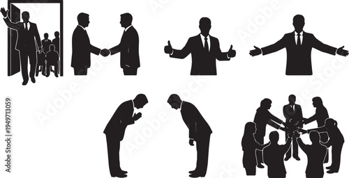 Black Solid Leader Waving Greeting Silhouettes Set of Six on White Background