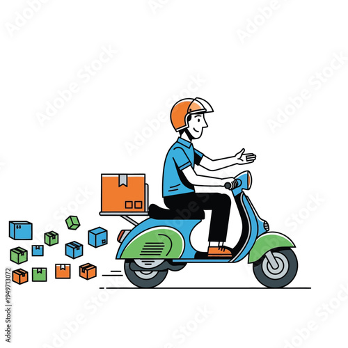 A red cartoon vector illustration of a man riding a fast vintage Vespa moped for city transport delivery