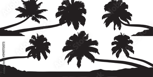 Black Solid Leaning Beach Palm Silhouettes Set of Six on White Background