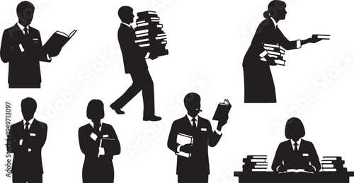 Black Solid Librarian Book Silhouettes Set of Six on White Background