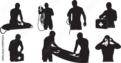 Black Solid Lifeguard Maintaining and Cleaning Rescue Equipment Silhouettes Set of Six on White Background