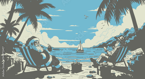 Santa beach vector illustration of tropical Christmas vacation