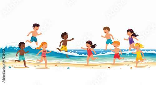 Diverse group of happy children in swimwear running and playing along the ocean shore on a sunny beach summer vacation illustration.