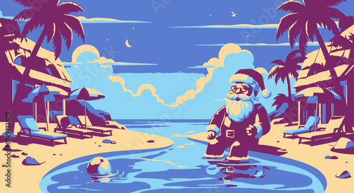 Santa beach vector illustration for tropical summer Christmas holiday