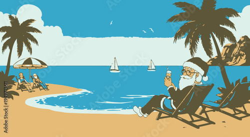 Santa beach vector illustration of Claus relaxing on vacation