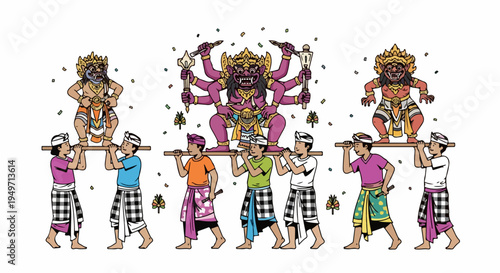 Illustration of People Carrying Ogoh-ogoh Statues During the Traditional Balinese Nyepi Parade Ceremony in Bali, Indonesia