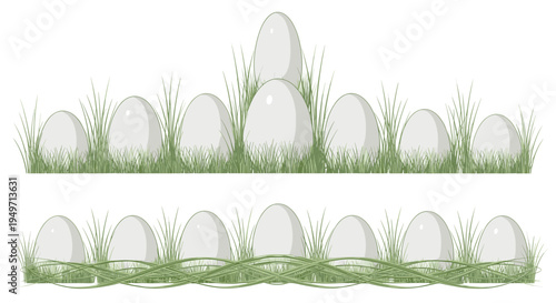 Two horizontal rows of plain white eggs sitting nestled in tall green grass representing a spring or Easter theme.