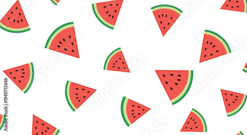 Fresh and vibrant pattern of red watermelon slices with green rinds and black seeds scattered across a white background.